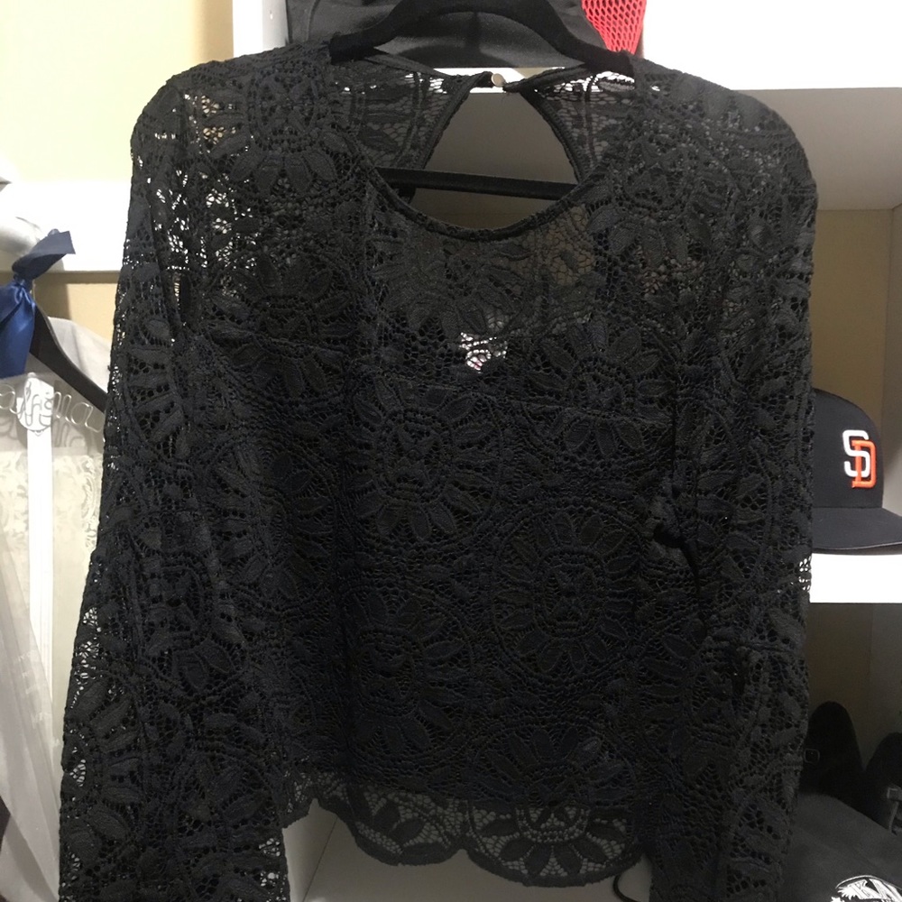 Black Lace Bell Sleeve Crop Top